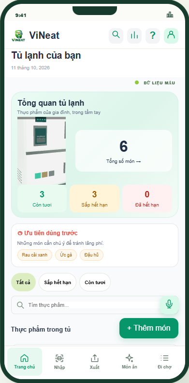 Giao diện ViNeat hiện tại: tổng quan tủ lạnh và 5 mục điều hướng